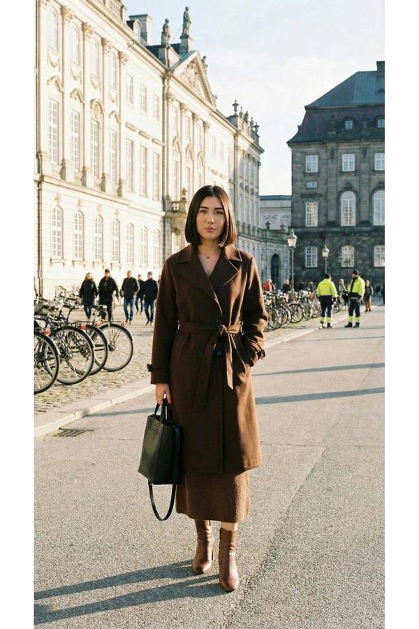Avlina Double Breasted Belted Longline Coat - Brown