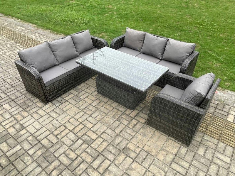 Fimous 7 Seater Outdoor Rattan Garden Furniture Sets Height Adjustable Rising lifting Dining Table Sofa Set with Reclining Chair Dark Grey Mixed
