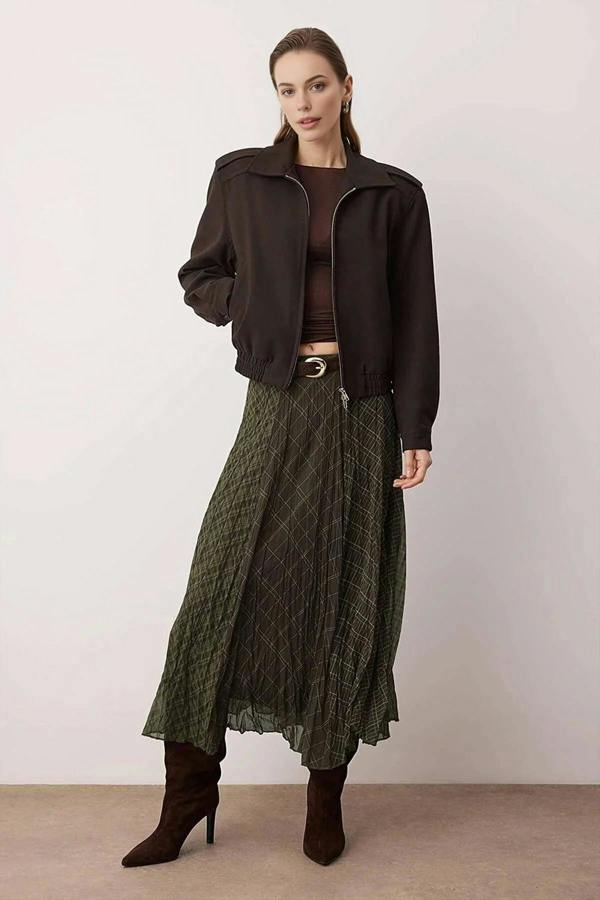 WOVCOR Plaid Lined Chiffon Maxi Asymmetrical Skirt