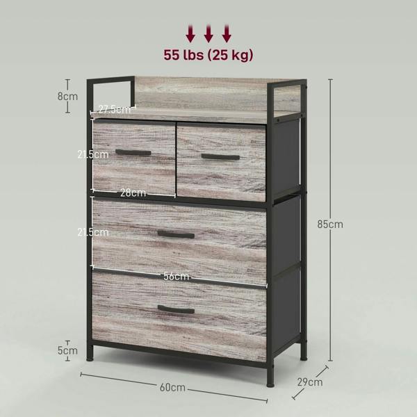 Grey wood-look chest with four drawers on legs, showing drawer layout