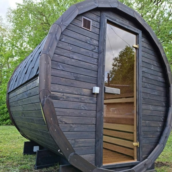 Compact 160cm Terrace Barrel Sauna | Harvia electric heater.