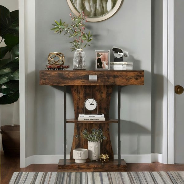 Rafaelo Mobilia Industrial T Shaped Narrow Console Table With Drawer