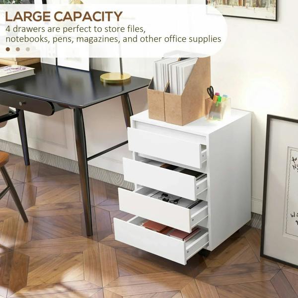 White four-drawer office filing cabinet with open drawers on rolling casters