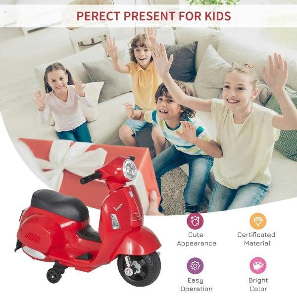 Red kids ride-on motorbike with black seat, front headlight, and side details