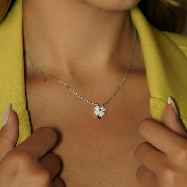 Spero London White Opal Four Leaf Clover Sterling Silver Necklace