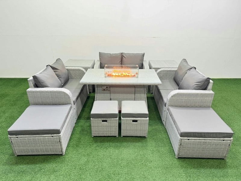 Fimous PE Rattan Lounge Sofa Set 10 Seater Outdoor Garden Furniture Set with Gas Fire Pit Table Love Sofa 2 Big Footstools 2 Side Tables Light Grey