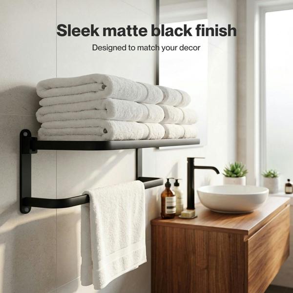 Levede Towel Holder with 2 Bars Wall Mounted Black No Drill Bathroom Shelf Black