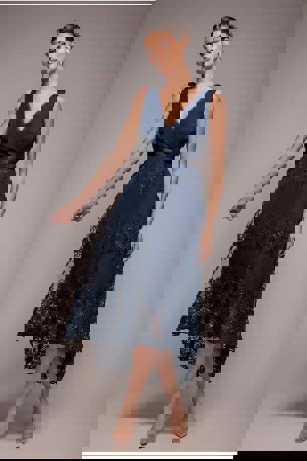 Pleated Satin Bodice High And Low Dress - Navy DR3337QZ