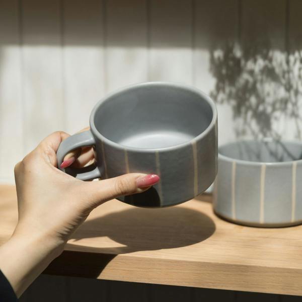Scandi Home Luna Ceramic Coffee Mugs, Set of 2, 520ml, Grey Striped Reactive Glaze