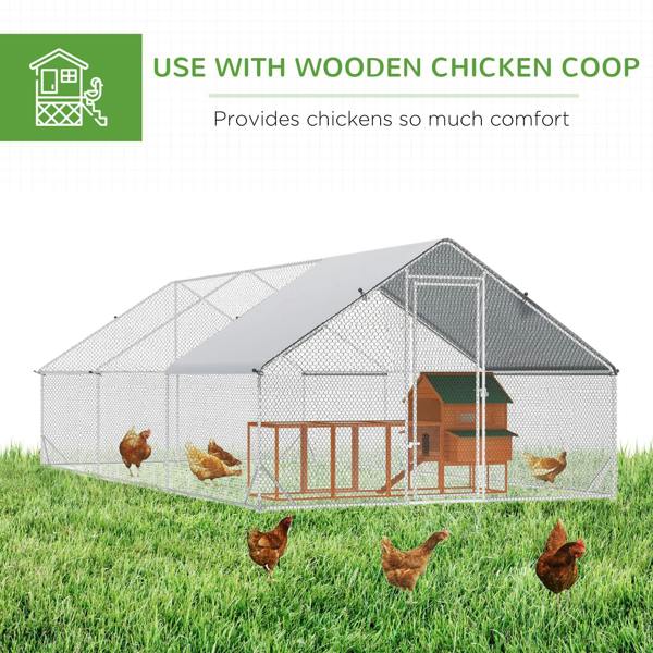 Galvanised chicken run with dark cover and silver wire mesh sides for chickens