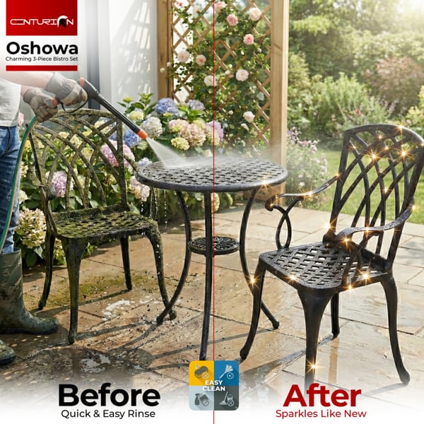 Centurion Supports OSHOWA Luxurious Garden and Patio Table and 2 Large Chairs with Armrests Cast Aluminium Bistro Set - Black