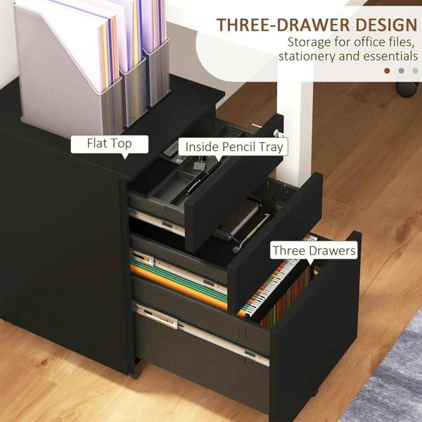 Black cabinet with three drawers and flat top; open pencil tray for office supplies