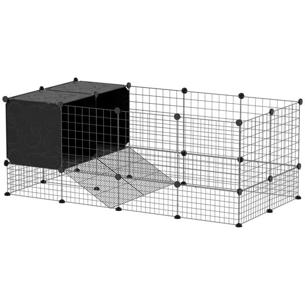Black wire small animal cage with elevated hut and floor panels, 31-panel C&C style