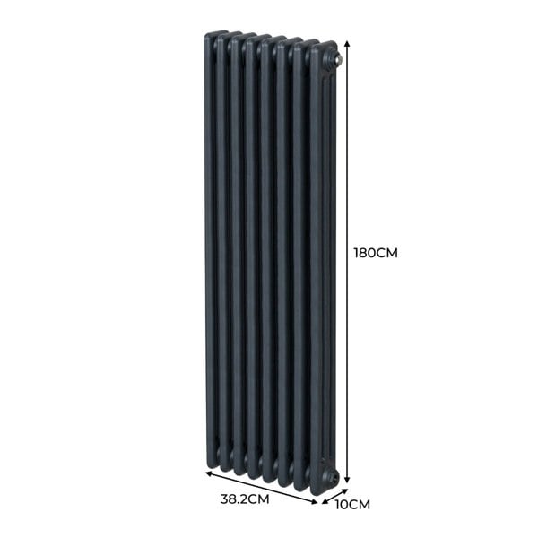 Traditional 3 column radiator in anthracite grey, measuring 1800 x 382mm, featuring a sleek, vertical design with a smooth texture