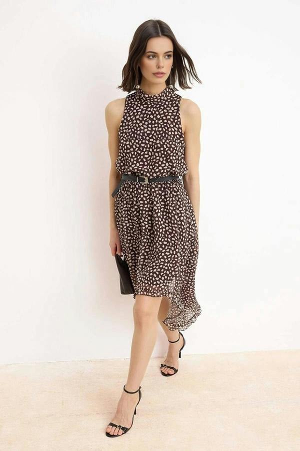 WOVCOR Polka Dot Asymmetrical Skirt Detail Chiffon Lined Midi Woven Dress