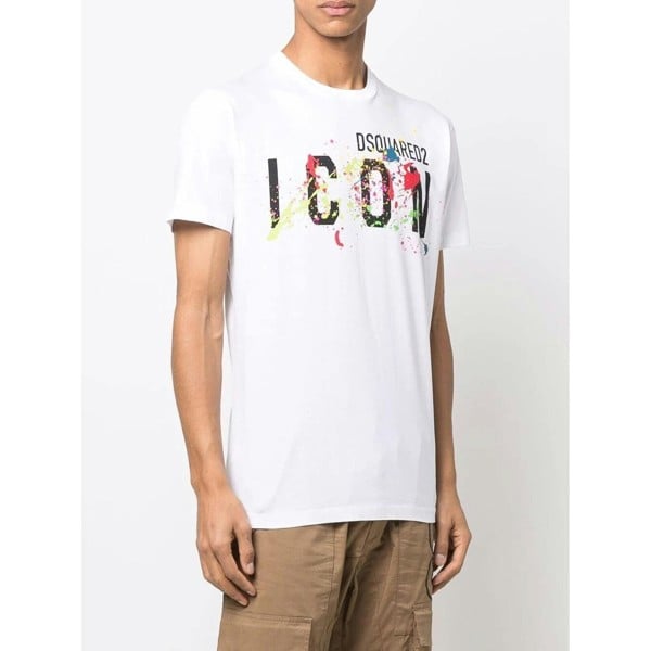 Dsquared Paint-Splattered ICON Cool-Fit T-Shirt   in  White