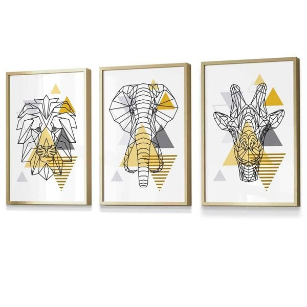 Artze Wall Art Yellow Geometric Giraffe Lion Elephant Set of 3 Framed Wall Art