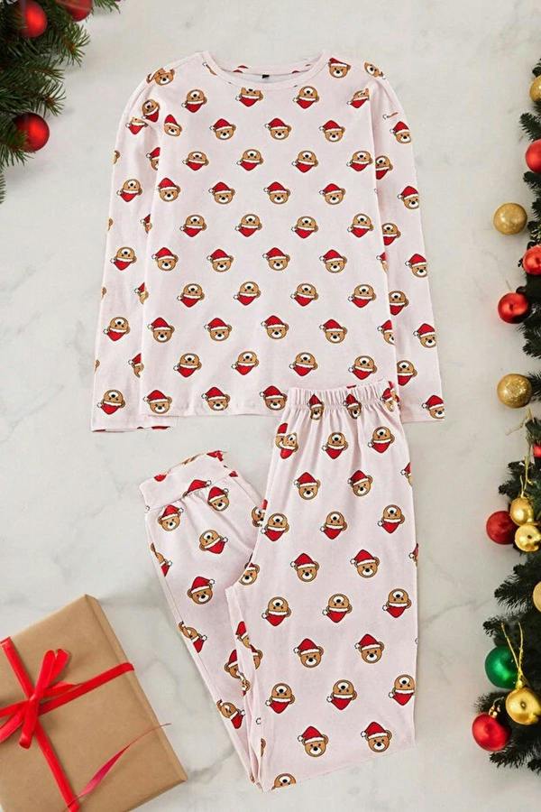 WOVCOR 2-Piece 100% Cotton Teddy Bear Print Christmas Themed Knit Pajama Set
