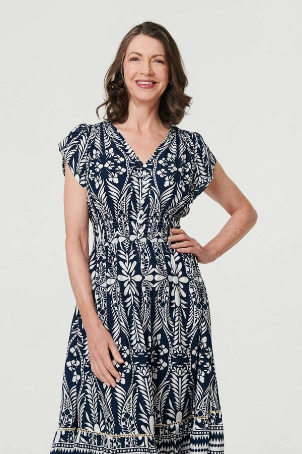 Navy | Printed Cap Sleeve Shirred Midi Dress
