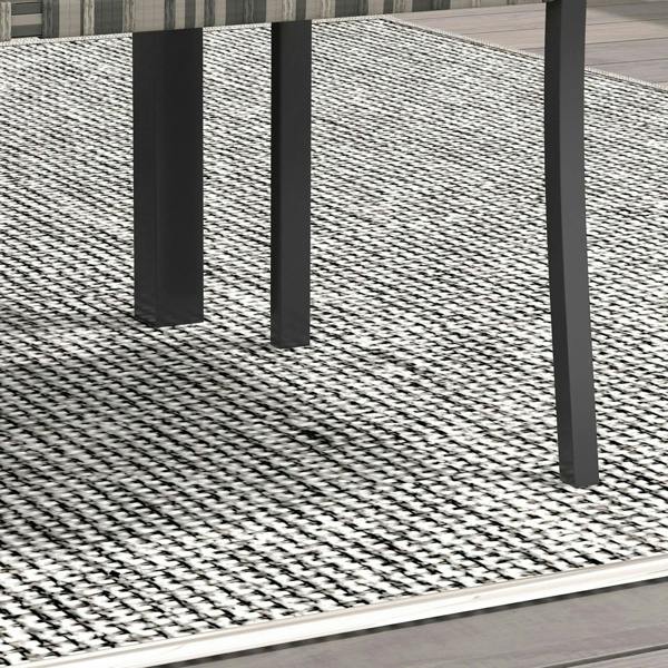 Outdoor chair seat and legs in dark frame with grey woven texture
