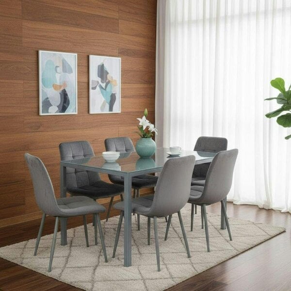 Kosy Koala Modern Rectangle Grey Glass Dining Table Set With 6 Grey Velvet Chairs Dining Room Furniture
