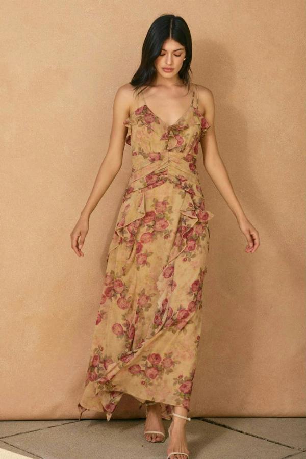 BALOU Womens Vintage Floral Ruffle Dress