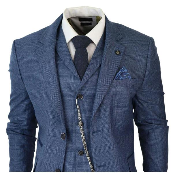 TruClothing Men's 3 Piece Blue Prince Of Wales Check Suit