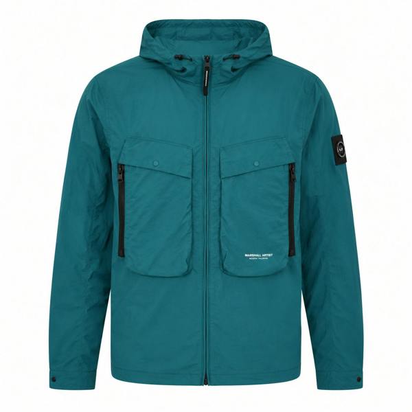 Teal Marshall Artist Amerigo hooded overshirt with dual zip chest pockets and a branded sleeve patch.