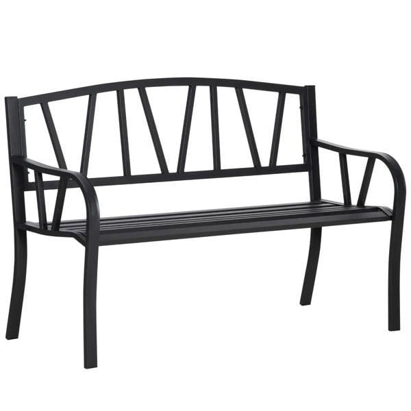 Black metal two-seat garden bench with arched slat back and armrests