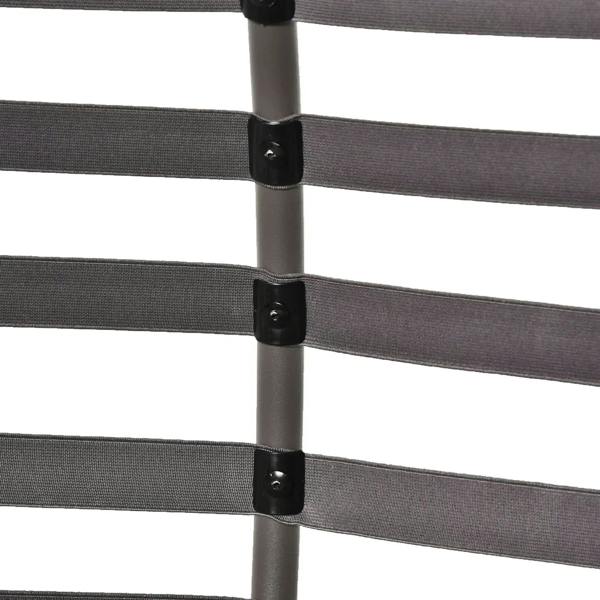 Close-up of egg chair frame bars with black latch fittings