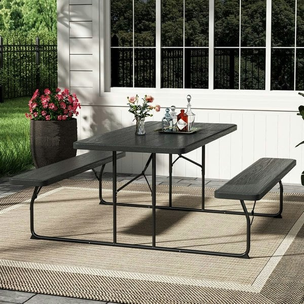 180cm Foldable Picnic Table and Bench Set with Parasol Hole Black/White Living and Home Black