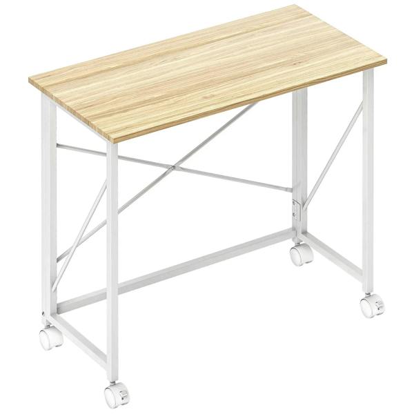 Natural wood folding desk with rolling wheels and metal frame, rectangular tabletop