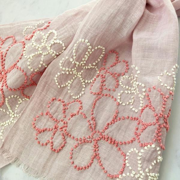 Hayley & Co Hand Embroidered 100% Linen Scarf in Pale Pink with French Knot Flower details