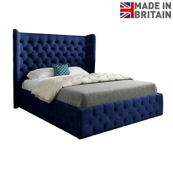 Casa Magna Florence Wide Winged Upholstered Soft Velvet Bed Frame - Blue