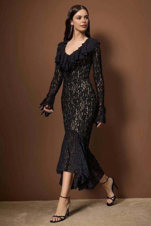 WOVCOR Lined Ruffled Lace Evening Dress