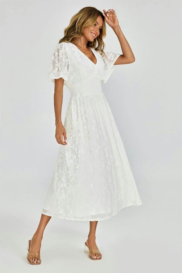FS Collection Off White Velvet Burnout V-Neck Angel Sleeve Midi Dress