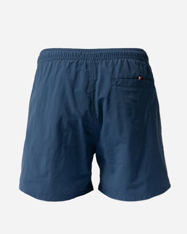 back of Tommy Hilfiger Logo Zip Pocket Mens Drawstring Swimming Shorts in Aegean Sea