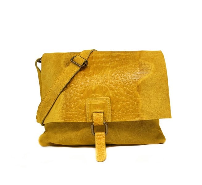 Kitise Italian Soft Suede Leather Croc Skin Pattern Flap Over Small  Cross Body Bag