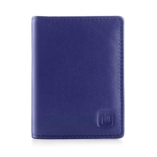 Purple leather wallet with a brand logo on a white background