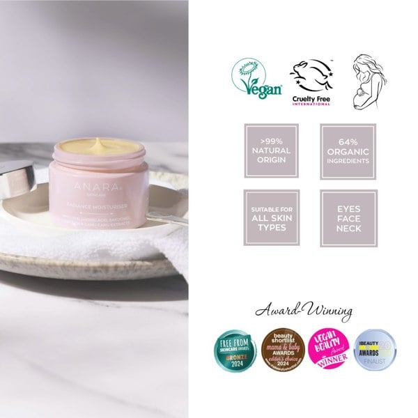 Anara Radiance Moisturiser with credentials and awards