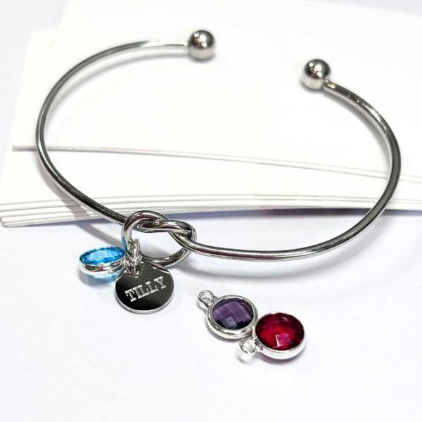 Personalised Silver Knot Birthstone Charm Bangle