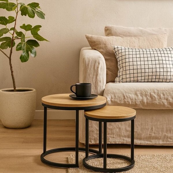 Wyld Haus Odense Wild Oak Effect Nesting Table Set Black Steel Legs