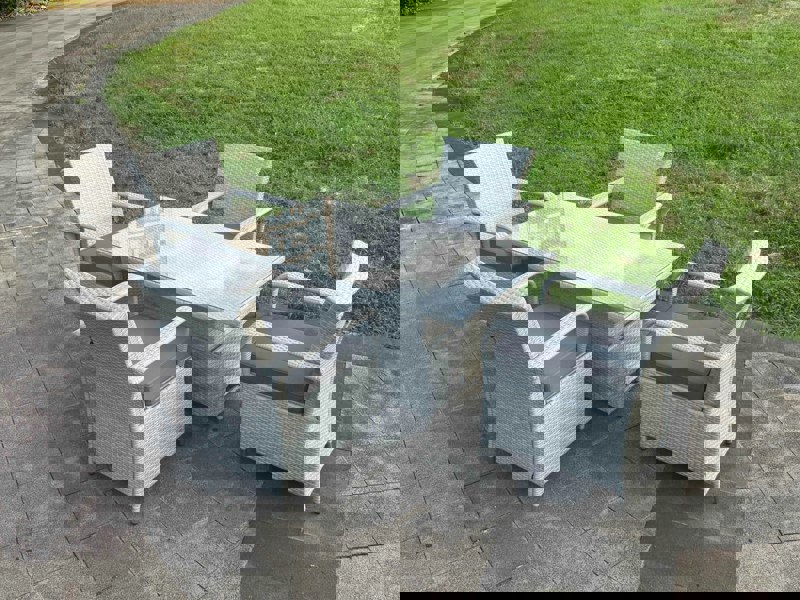 Fimous Light Grey Rattan Outdoor Garden furniture Set Height Adjustable Rising Lifting Table and 4 Chairs Set with Seat Cushion