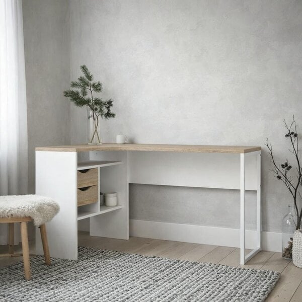 Wyld Haus Billabong White and Natural Oak Wood Corner Desk 2 Drawer