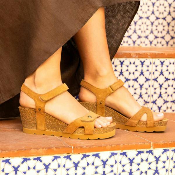 Panama Jack Women's Wedge Bark Brown Suede Leather Sandals - Julia B74