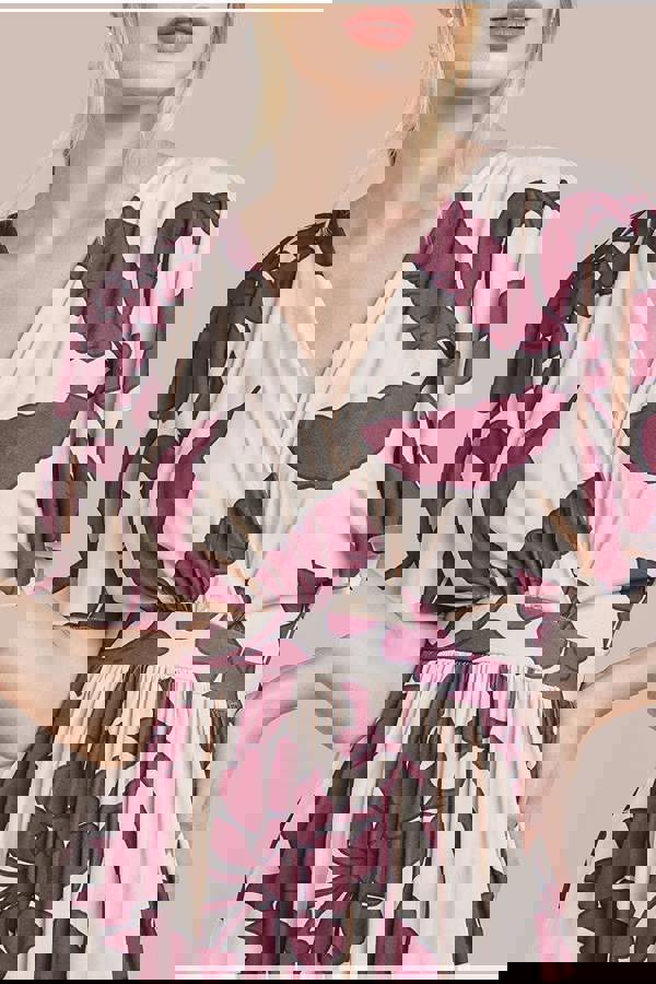 Leaf Print Flutter Sleeve Maxi Dress - Cream DR3652