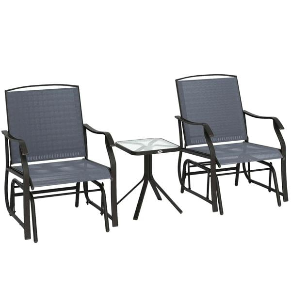 Grey rocking chair set with two armchairs and a round glass-top bistro table