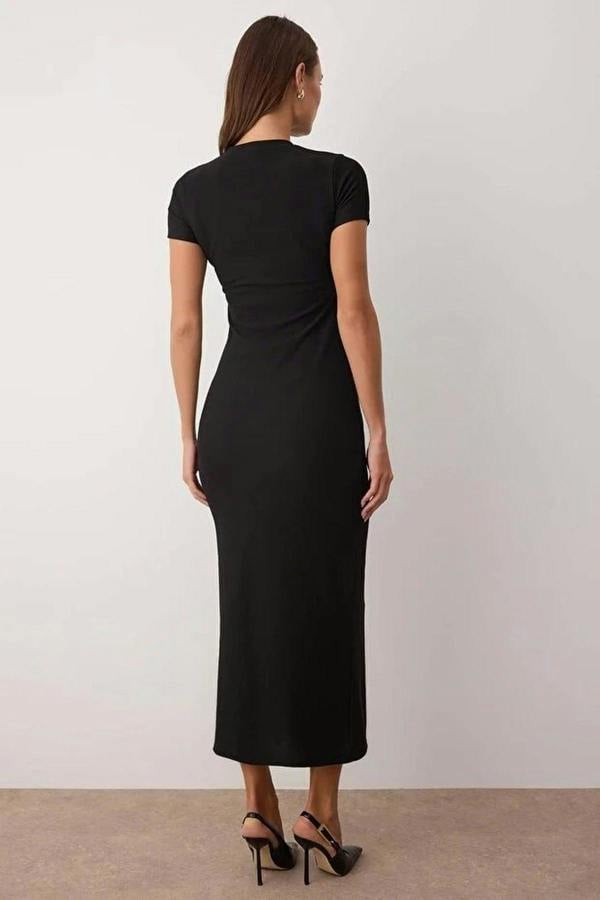 WOVCOR Ottoman Stand Collar Midi Knit Dress with Button Detail