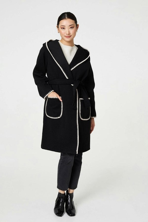 Black | Blanket Stitch Tie Waist Longline Coat
