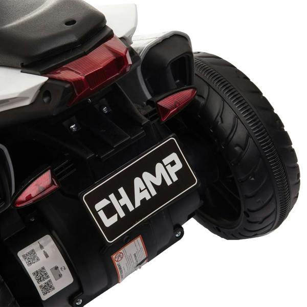 Kids electric ride-on motorcycle rear wheel and tail light, black housing with CHAMP plate